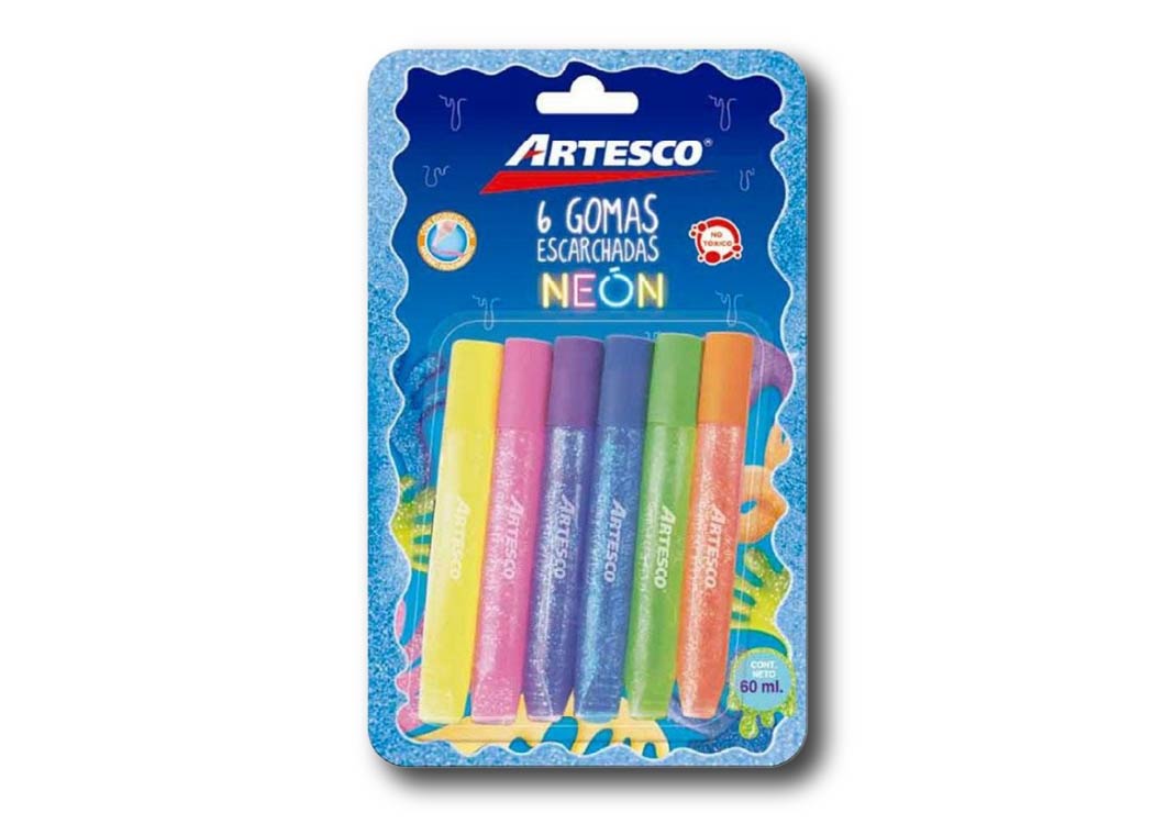 PEGAMENTO GOMA ESCARCHADA NEON BLISTER 6 COL.(ROSADO,AMARILLO,MORADO,AZUL, VERDE Y NARANJA)